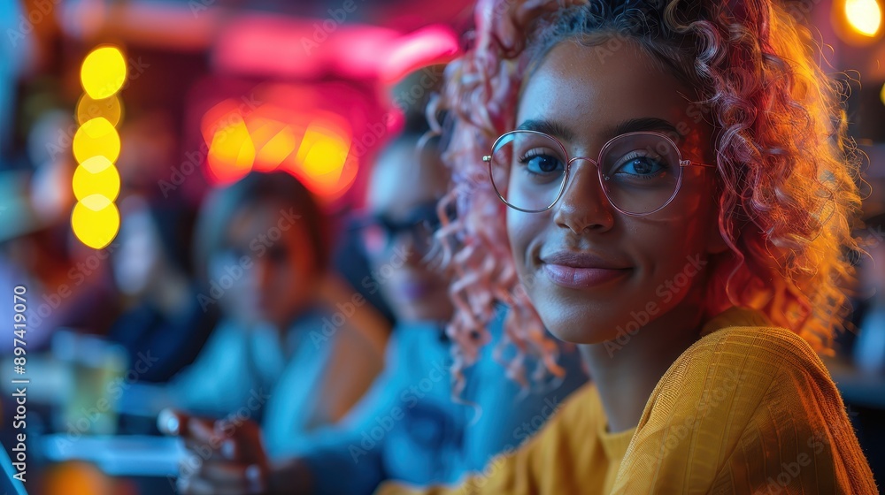 A young woman with pink hair and glasses smiles brightly in a vibrant, mood-lit social area, capturing the lively, eclectic atmosphere and her confident personality. A young woman with pink hair and glasses smiles brightly in a vibrant, mood-lit social area, capturing the lively, eclectic atmosphere and her confident personality.