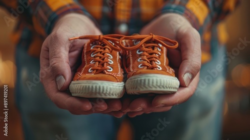 A close-up image of a person wearing a plaid shirt and denim jeans holding a small pair of orange shoes in their hands, symbolizing childhood or parenthood. photo