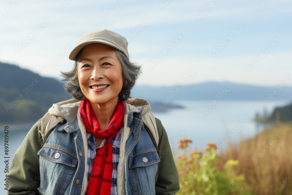 Portrait of a smiling asian woman in her 60s sporting a rugged denim jacket on backdrop of an idyllic countryside Portrait of a smiling asian woman in her 60s sporting a rugged denim jacket on backdrop of an idyllic countryside