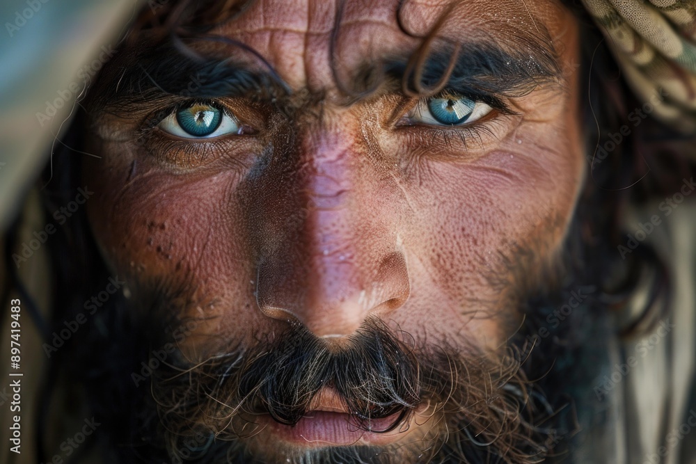 Obraz premium Weathered farmer with striking blue eyes stares seriously from under a hood