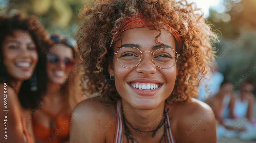 A joyful young woman with glasses smiles widely at an outdoor gathering, her exuberance and energy captured vividly with friends having fun in the background making for a memorable moment. A joyful young woman with glasses smiles widely at an outdoor gathering, her exuberance and energy captured vividly with friends having fun in the background making for a memorable moment.