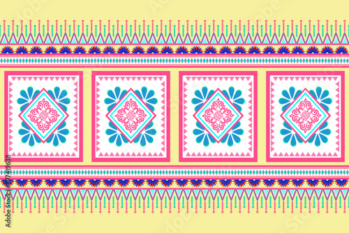 Ikat seamless pattern. Ethnic pattern art. Pink, Blue, Yellow, Pastel. Design for background, wallpaper, vector illustration, fabric, clothing, carpet, textile, batik, embroidery.