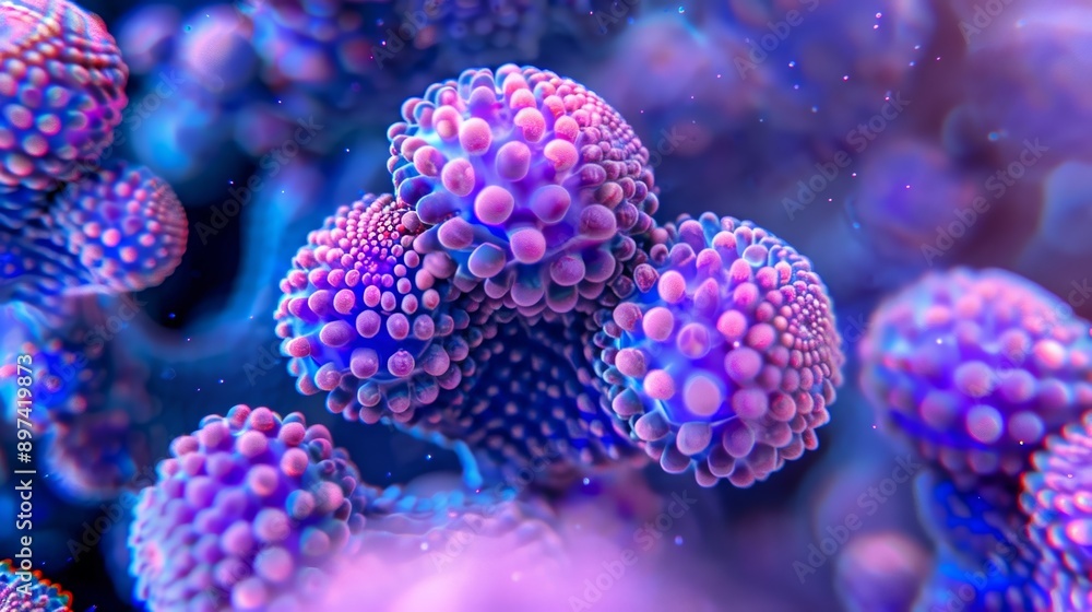Close up look at a cluster of viruses multiplying on a hazy backdrop, showcasing the microscopic world of disease and infection Close up look at a cluster of viruses multiplying on a hazy backdrop, showcasing the microscopic world of disease and infection