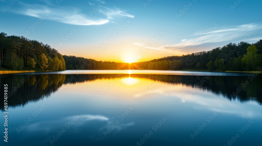 A serene lake at sunset, with the sky painted in warm hues and the surrounding trees reflecting on the water, with copy space, high-resolution photo, realistic photo, cinematography, hyper realistic A serene lake at sunset, with the sky painted in warm hues and the surrounding trees reflecting on the water, with copy space, high-resolution photo, realistic photo, cinematography, hyper realistic