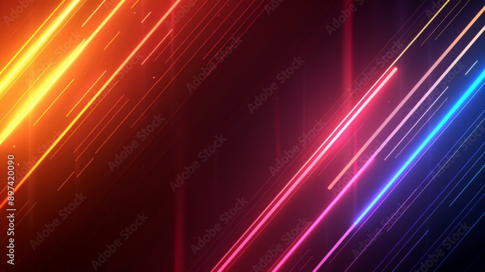 Fototapeta premium Glowing neon streaks on dark backdrop create futuristic design ideal for tech, entertainment, or science projects. Great for clubs, parties, or shows in need of laser beam magic