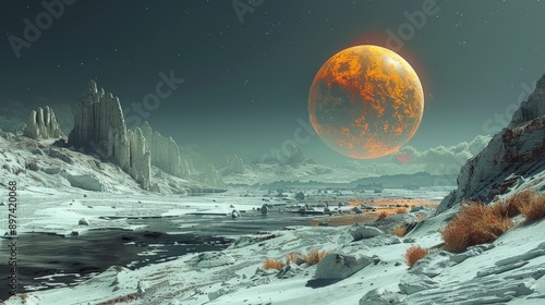 Surreal Alien Landscape with Giant Glowing Moon