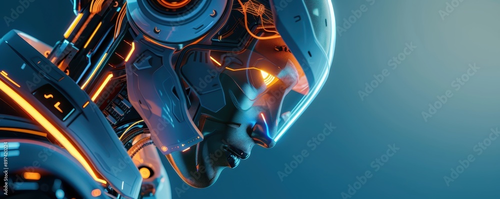 Fototapeta premium Close-up of a futuristic robotic head with glowing orange and blue lights, showcasing advanced technology and AI innovation.