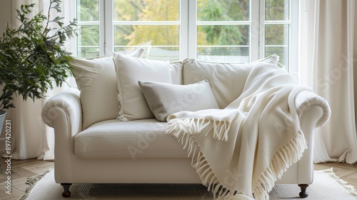 cozy home decor, soft throw blankets on white loveseat add style and comfort to the modern living room dcor © Aliaksandra