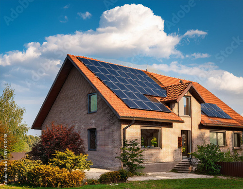 Familly house with solar panels on the roof during the day, producing green renewable energy © Marek