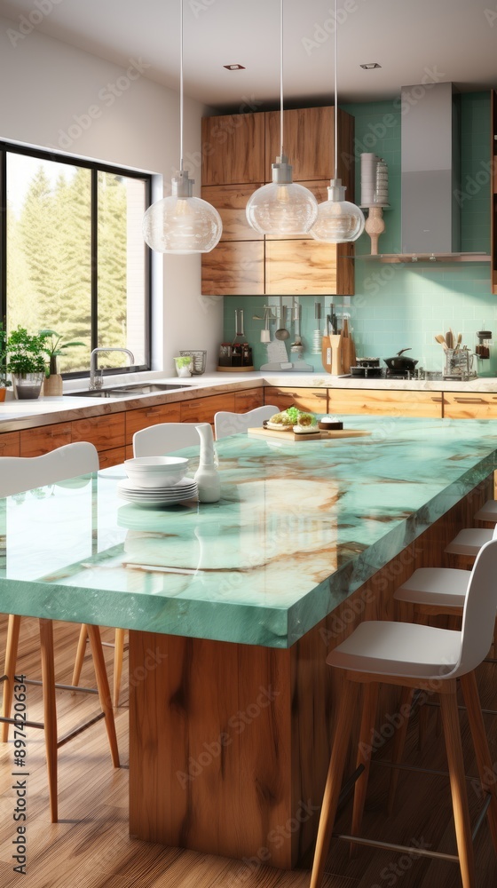 A modern kitchen contains a wooden floor and a marble counter, light brown and gold, A modern kitchen contains a wooden floor and a marble counter, light brown and gold,