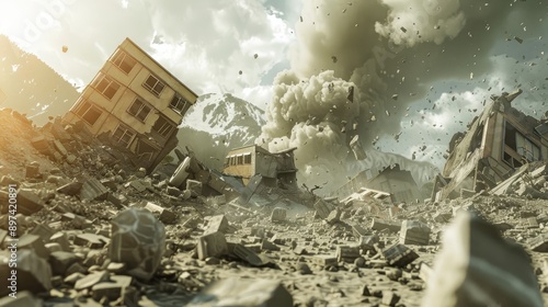 Dramatic scene of a city devastated by an earthquake, buildings collapsed, rubble everywhere, and clouds of dust rising into the sky. photo