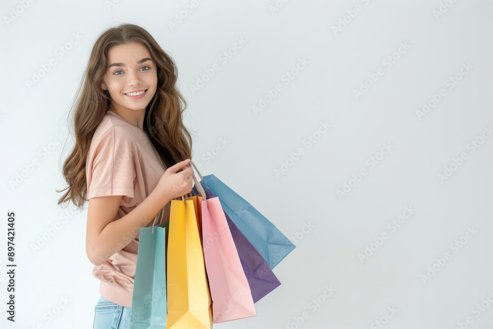 Smiling girl with paper shopping bags on a plain background with space for text. AI generative Smiling girl with paper shopping bags on a plain background with space for text. AI generative
