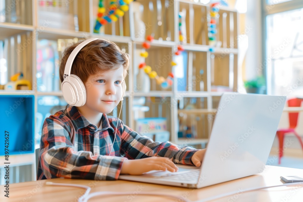 E-learning - kid boy in a headphones works on laptop. AI generative E-learning - kid boy in a headphones works on laptop. AI generative