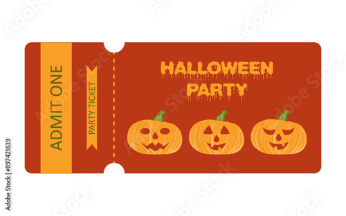 Halloween party ticket. An orange pumpkin with a scary face and a smile on a red bloody background. Vector cartoon illustration. Ticket with text isolated on transparent and white background.
