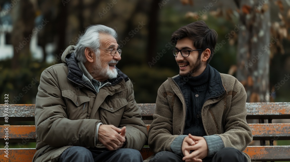 An elderly man and a young man talking and laughing on a park bench, the concept of a generational connection An elderly man and a young man talking and laughing on a park bench, the concept of a generational connection