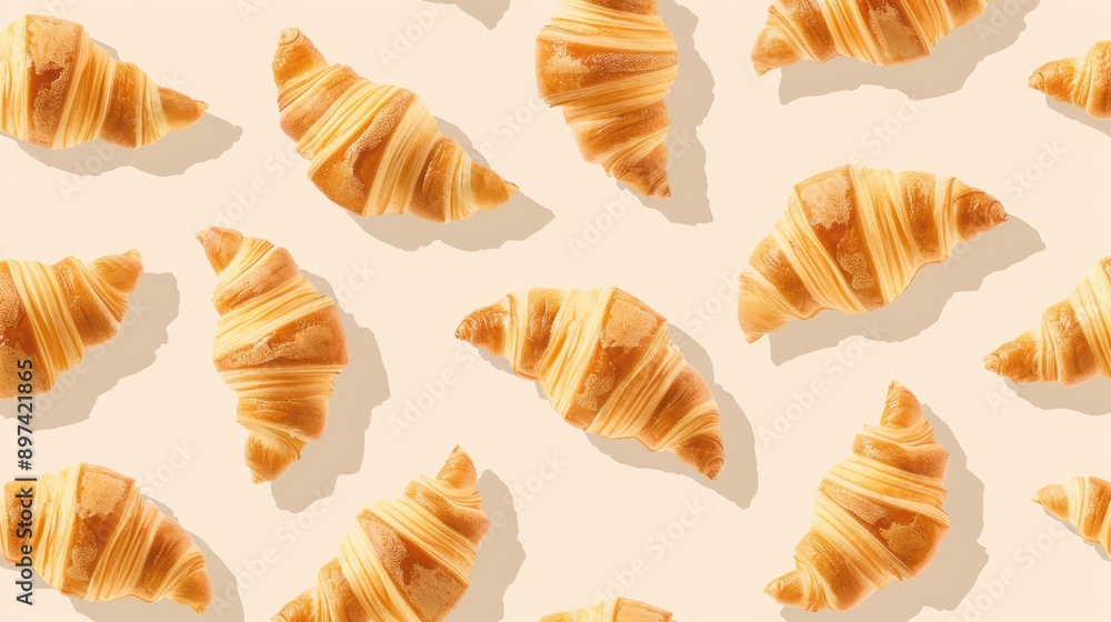 An illustrator artwork of minimal croissants pattern, soft pastel colors, simple and elegant design, croissants spread around the edges with free space in the center for text, ligh An illustrator artwork of minimal croissants pattern, soft pastel colors, simple and elegant design, croissants spread around the edges with free space in the center for text, ligh