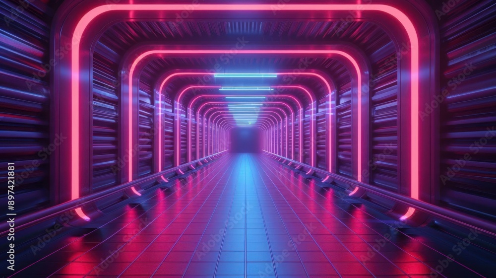 Futuristic corridor with vibrant neon lights, creating a sci-fi atmosphere and a sense of depth and innovation in architecture. Futuristic corridor with vibrant neon lights, creating a sci-fi atmosphere and a sense of depth and innovation in architecture.