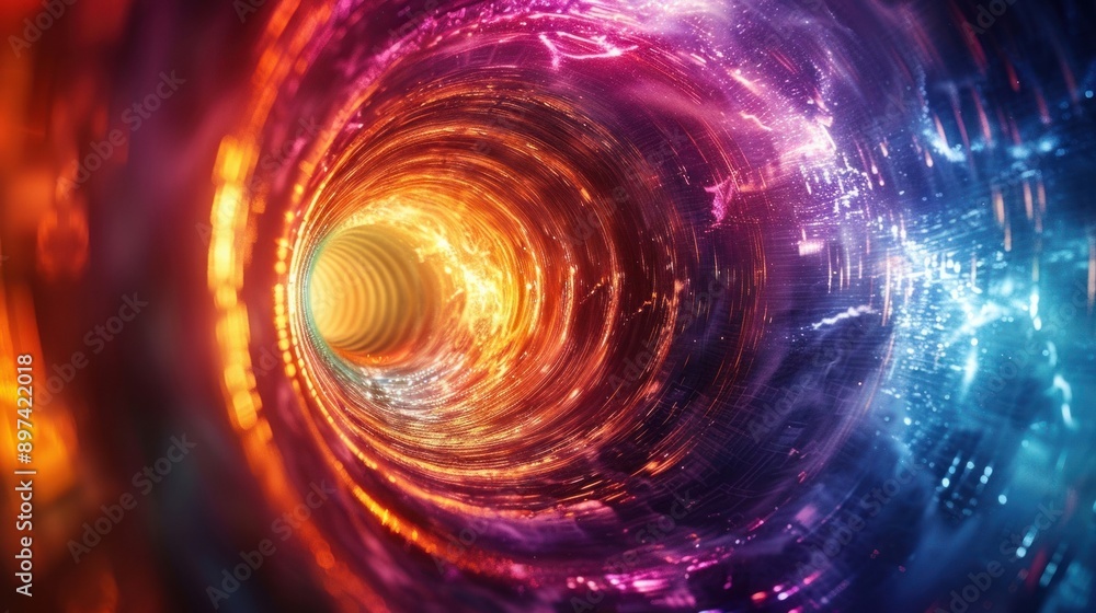 Vivid abstract representation of a tunnel or wormhole with vibrant neon colors merging in a spiral pattern, symbolizing motion and energy. Vivid abstract representation of a tunnel or wormhole with vibrant neon colors merging in a spiral pattern, symbolizing motion and energy.