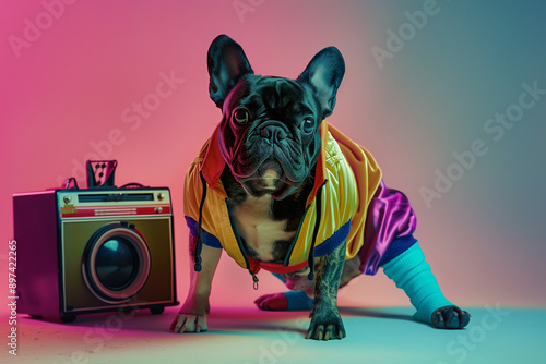 French Bulldog dressed in 80s fashion, with a neon windbreaker and leg warmers, posing with a boombox photo