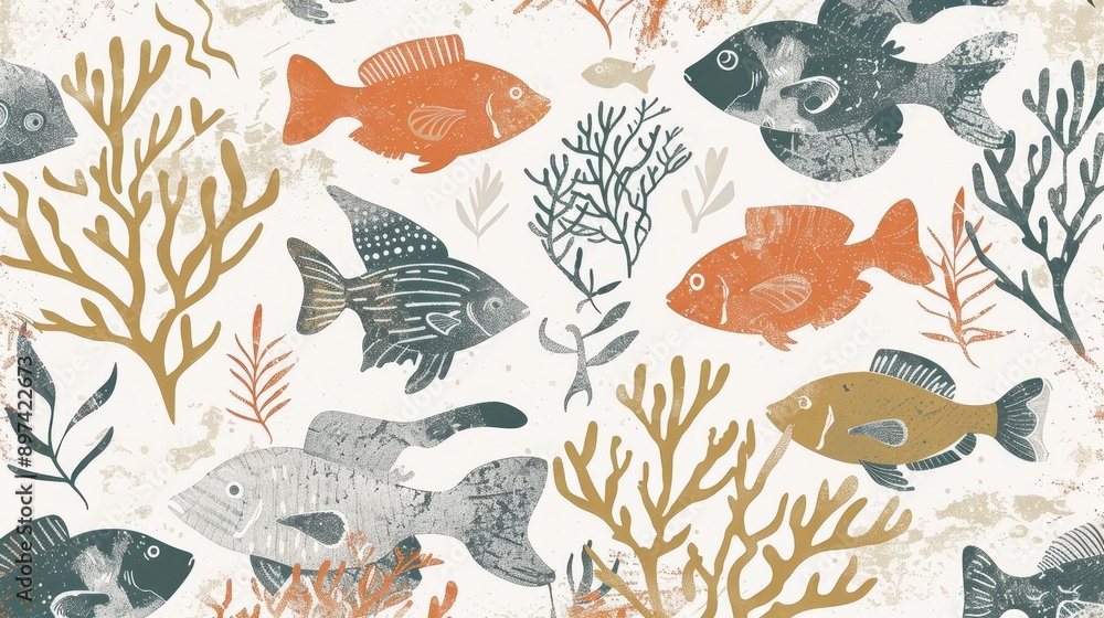 An illustrator artwork of minimal fish and corals pattern, soft pastel colors, simple and elegant design, fish and corals spread around the edges with free space in the center for An illustrator artwork of minimal fish and corals pattern, soft pastel colors, simple and elegant design, fish and corals spread around the edges with free space in the center for