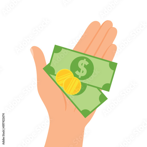 Gold coins and dollars on a palm. Human hand holding cash or change. Money concept. Vector illustration