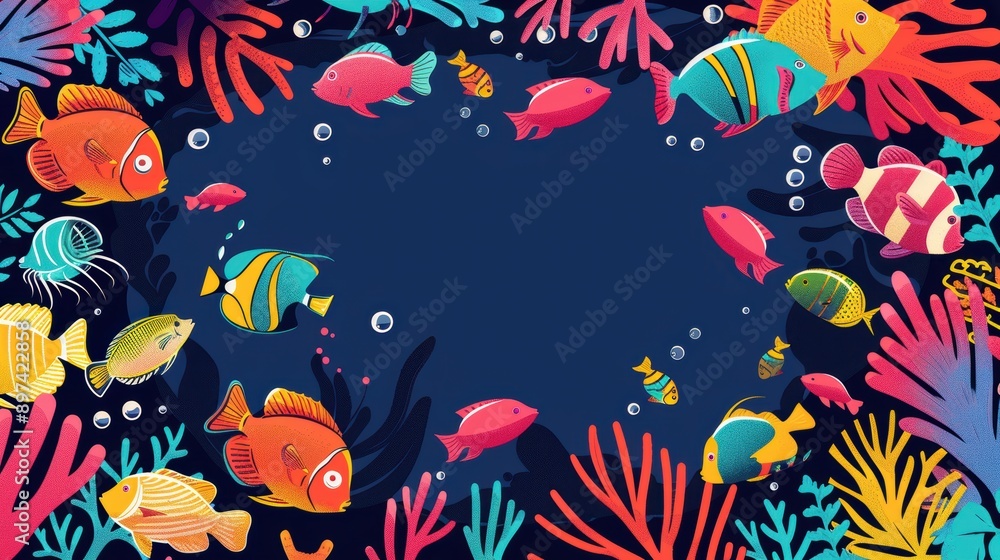 An illustrator artwork of minimal fish and corals pattern, soft pastel colors, simple and elegant design, fish and corals spread around the edges with free space in the center for An illustrator artwork of minimal fish and corals pattern, soft pastel colors, simple and elegant design, fish and corals spread around the edges with free space in the center for