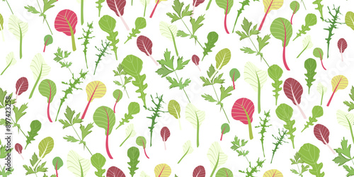 Mix of salad leaves. Cartoon set of green red raw leaves seamless pattern. Arugula, spinach, lettuce leaf, watercress. Organic vitamin ingredients for cooking healthy food. Vector illustration