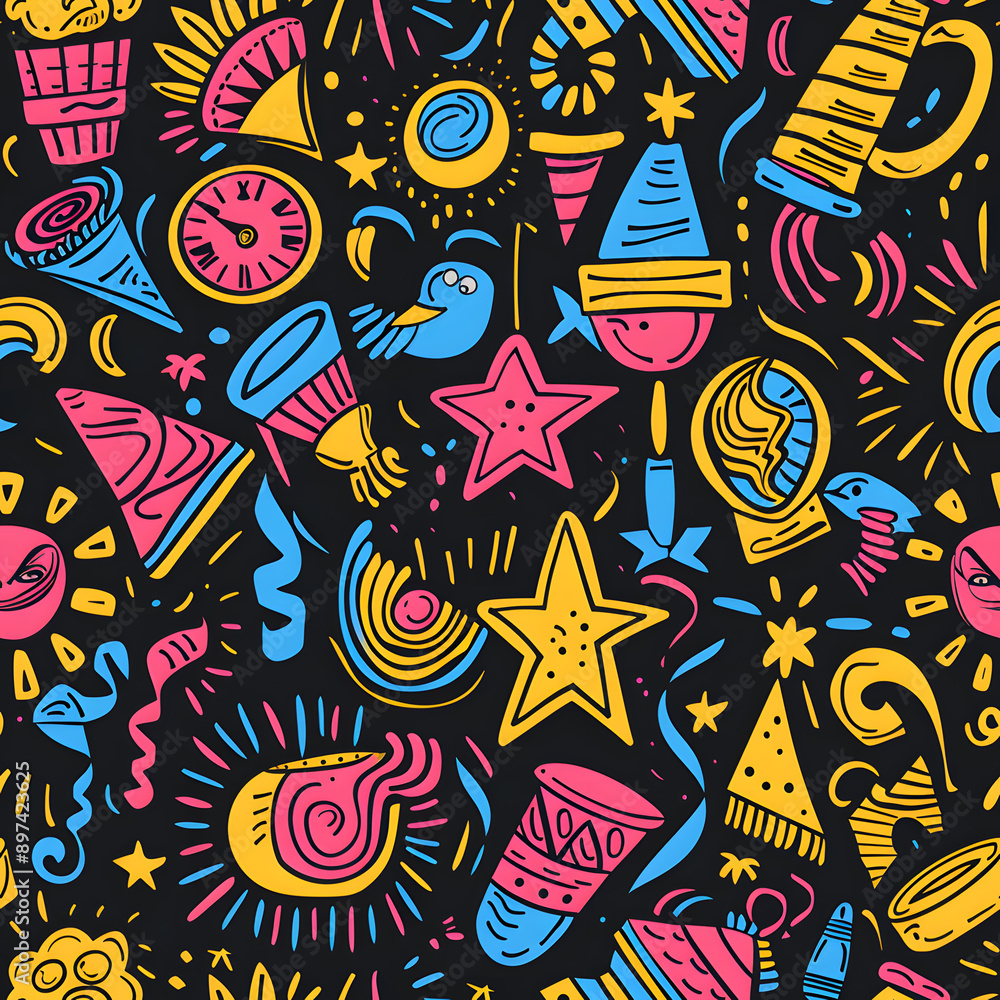 2D illustrated New Year card in a cute graphic style seamless pattern. 2D illustrated New Year card in a cute graphic style seamless pattern.