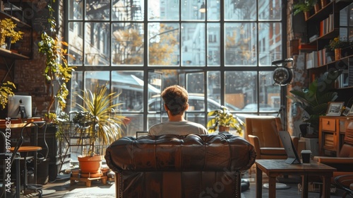 A remote worker on a video call in a chic cafÃ© with industrial dÃ©cor, large windows letting in natural light, and an urban street view outside.