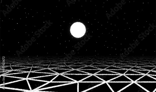 Retro dotwork landscape with 60s styled cracked land and sun on the background from old sci-fi book or poster