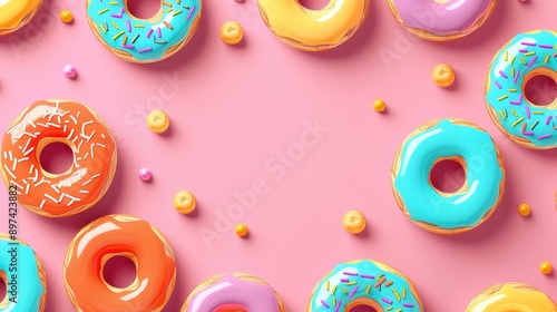 An illustrator design of a doughnut pattern, vibrant colors, with free space for text in the center, near a solid color background photo