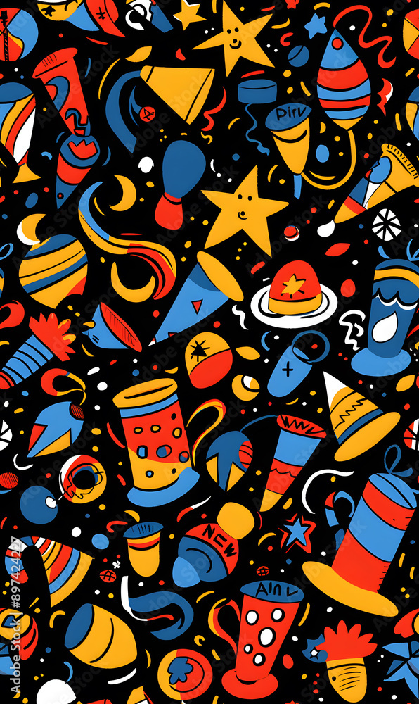 2D illustrated New Year card in a cute graphic style seamless pattern. 2D illustrated New Year card in a cute graphic style seamless pattern.