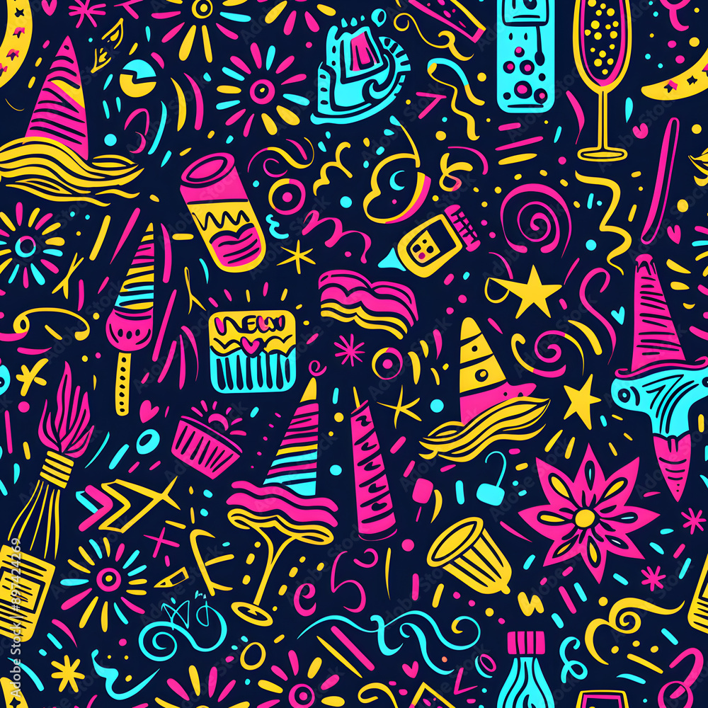 2D illustrated New Year card in a cute graphic style seamless pattern. 2D illustrated New Year card in a cute graphic style seamless pattern.