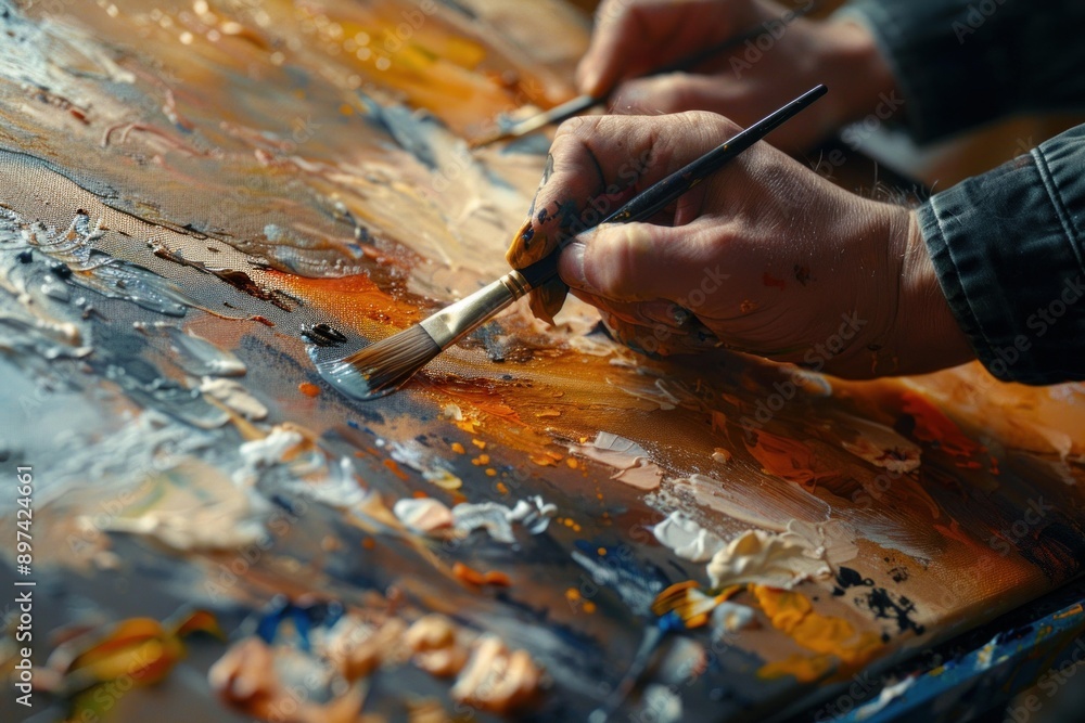 Artist is working on an abstract painting, using bold strokes of color to create a dynamic and expressive piece Artist is working on an abstract painting, using bold strokes of color to create a dynamic and expressive piece