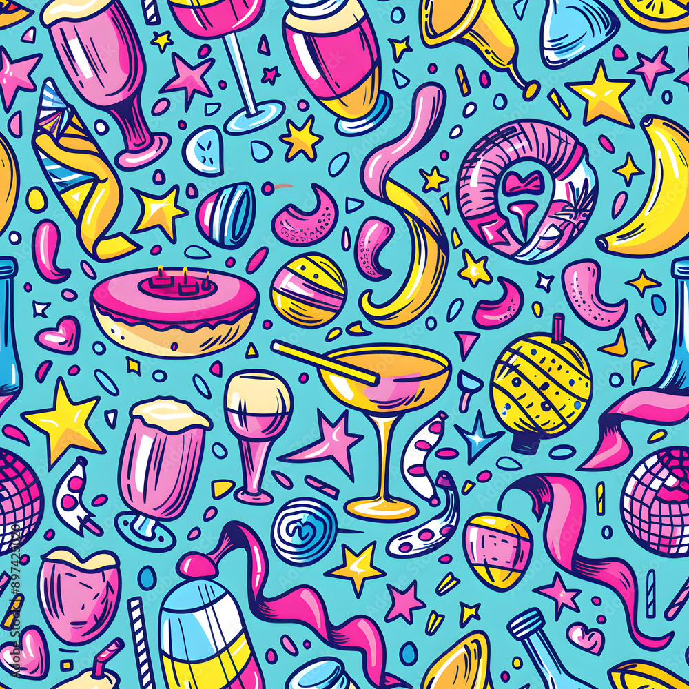 2D illustrated New Year card in a cute graphic style seamless pattern. 2D illustrated New Year card in a cute graphic style seamless pattern.