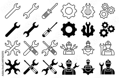Service tools vector icons set. repair or maintenance settings sign.