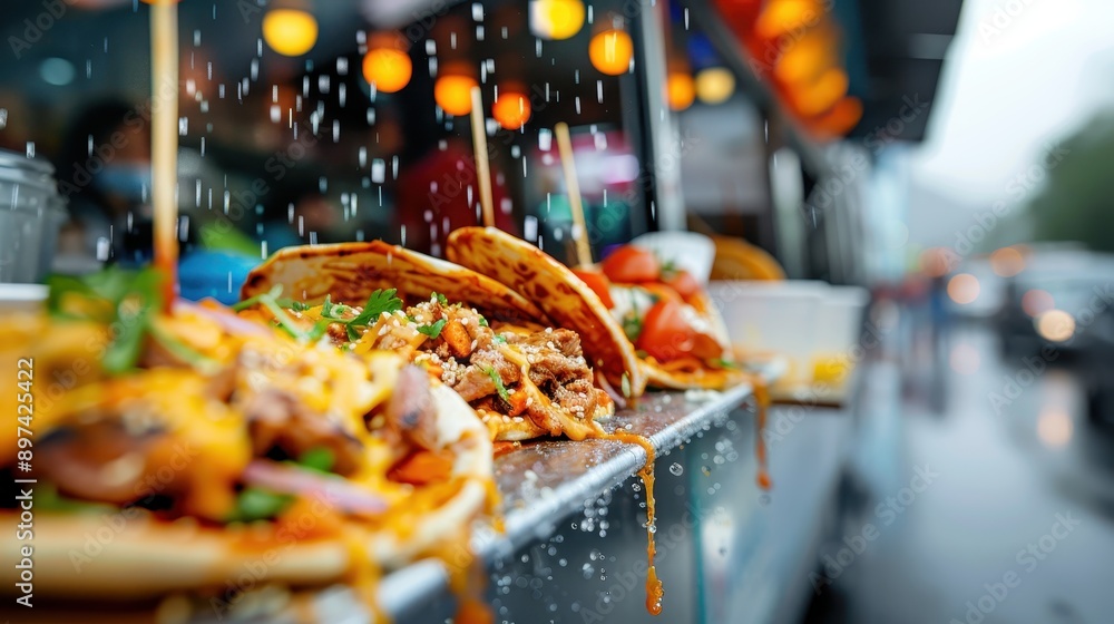 A vibrant image showcasing delicious street food tacos drenched in rain, with a blurred background filled with yellow lights, reflecting urban city life and culinary delight. A vibrant image showcasing delicious street food tacos drenched in rain, with a blurred background filled with yellow lights, reflecting urban city life and culinary delight.