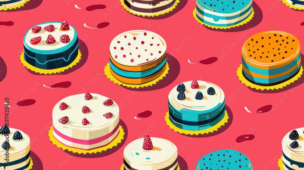 An illustrator design of a minimal cake pattern, soft pastel colors, with free space for text on the right side, near a subtle gradient background An illustrator design of a minimal cake pattern, soft pastel colors, with free space for text on the right side, near a subtle gradient background