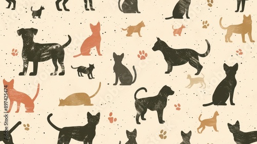 An illustrator design of a minimal dogs and cats pattern, soft pastel colors, near a subtle gradient background