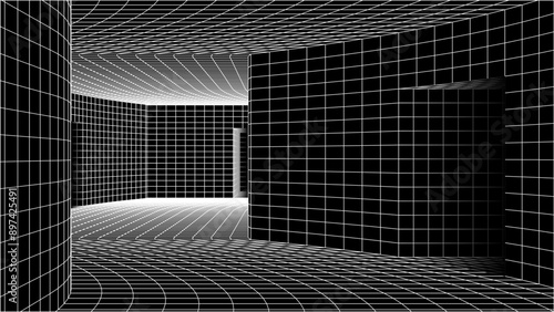 Abstract y2k styled computer background. Sci-fi architecture interior with retro lines. 00s or retrowave, grid room