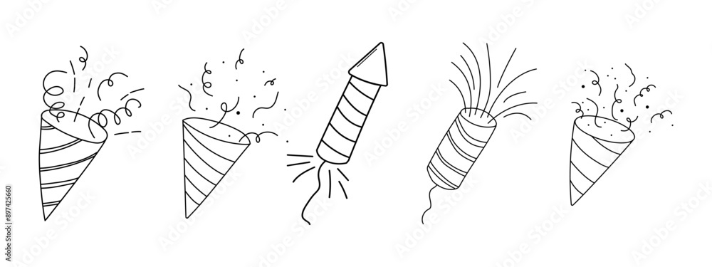 Naklejka premium Fireworks and rocket, salute with burst, light and festive explosions in doodle style. Hand drawn sparks, firecracker on white background. Party, celebrations, event.