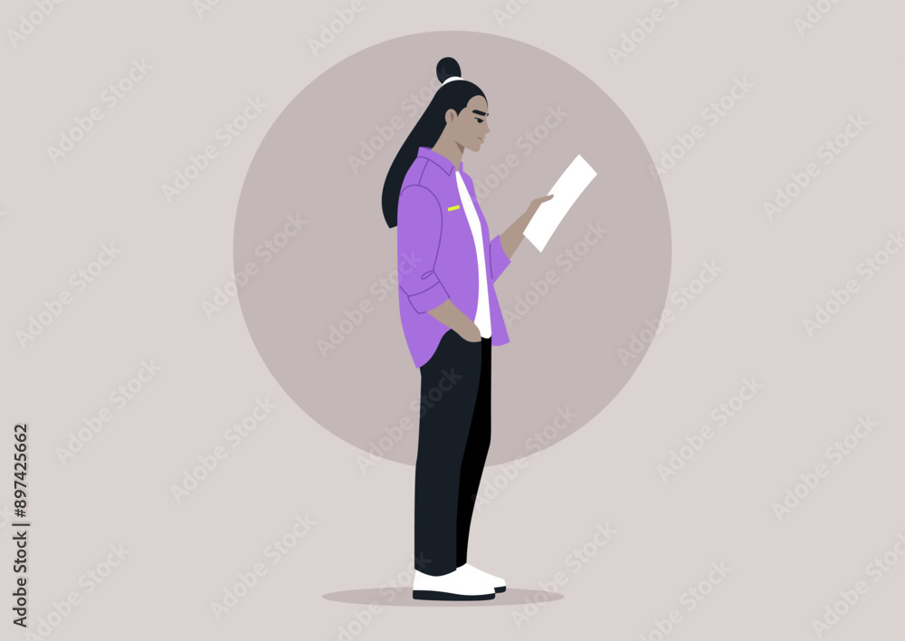 A person stands alone, engrossed in reading a letter, a serene and introspective moment A person stands alone, engrossed in reading a letter, a serene and introspective moment