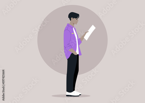 A person stands alone, engrossed in reading a letter, a serene and introspective moment