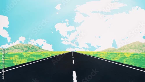 Animated road loop, anime cartoon style, with views of empty roads, grasslands, and mountains against a clear sky