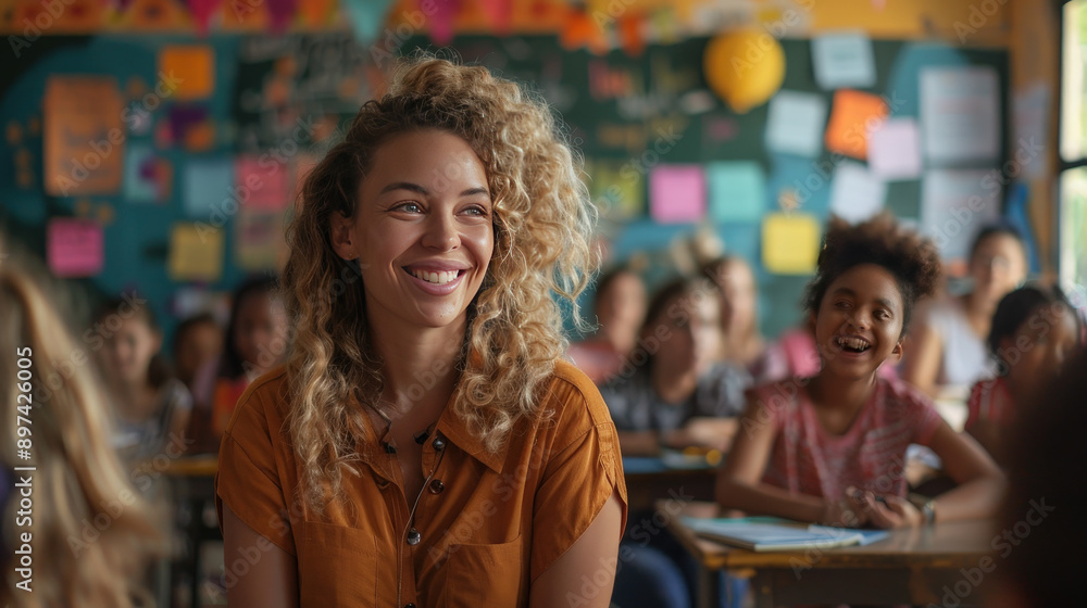 Teachers in a classroom celebrating Labor Day, importance of educators, warm tones. Teachers in a classroom celebrating Labor Day, importance of educators, warm tones.