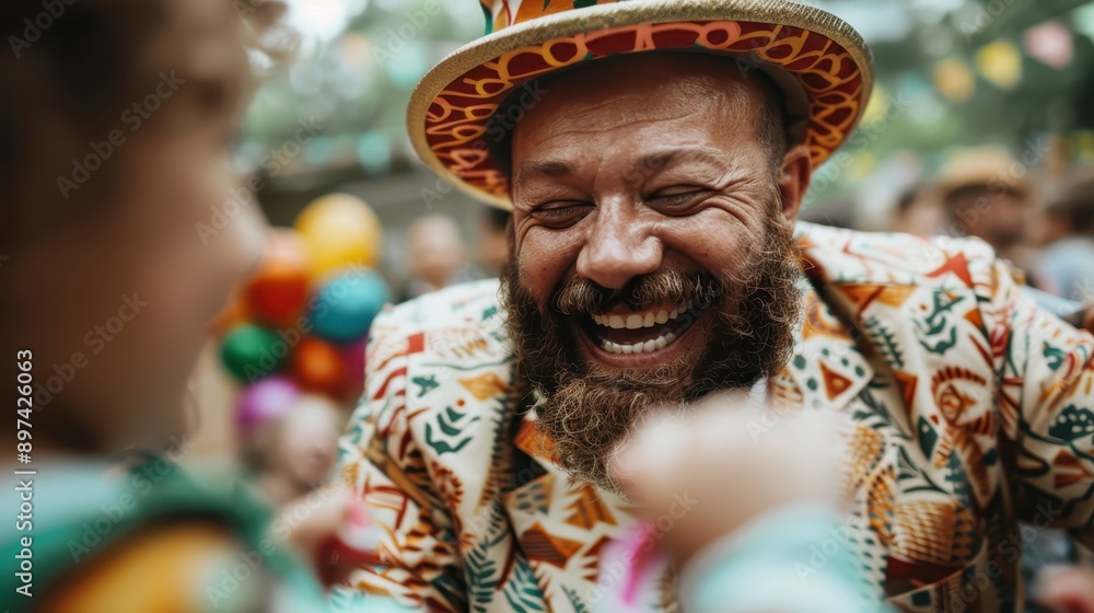 A joyful, close-up image of a man in a vibrant clown costume, laughing and enjoying an outdoor party with colorful decorations and a festive atmosphere. A joyful, close-up image of a man in a vibrant clown costume, laughing and enjoying an outdoor party with colorful decorations and a festive atmosphere.