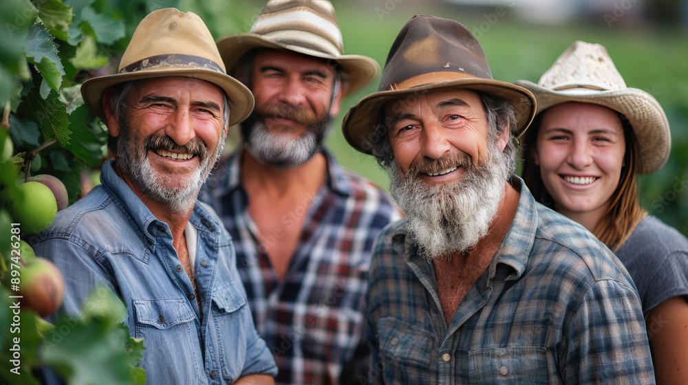 Group of smiling farmers, Labor Day, emphasizing their contributions, vibrant background Group of smiling farmers, Labor Day, emphasizing their contributions, vibrant background