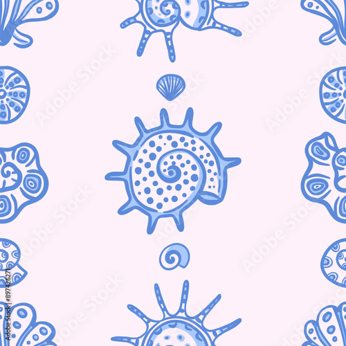 Whimsical seamless vector pattern of blue abstract seashells in hand drawn style. Perfect for summer-themed beach designs and coastal decorations. Ideal for wallpaper, textile, poster, notebook cover.