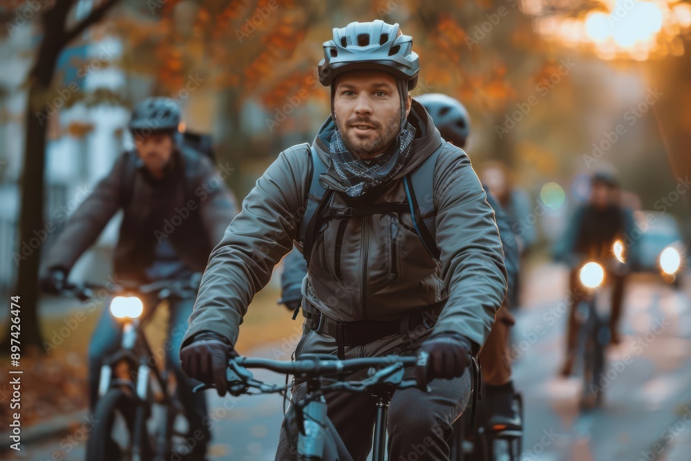 Realistic electric bike riders commuting through a green city Realistic electric bike riders commuting through a green city