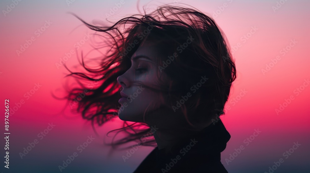 Silhouette of a person with windblown hair standing against a background with beautiful pink and purple hues of a sunset, creating a sense of serenity and freedom. Silhouette of a person with windblown hair standing against a background with beautiful pink and purple hues of a sunset, creating a sense of serenity and freedom.